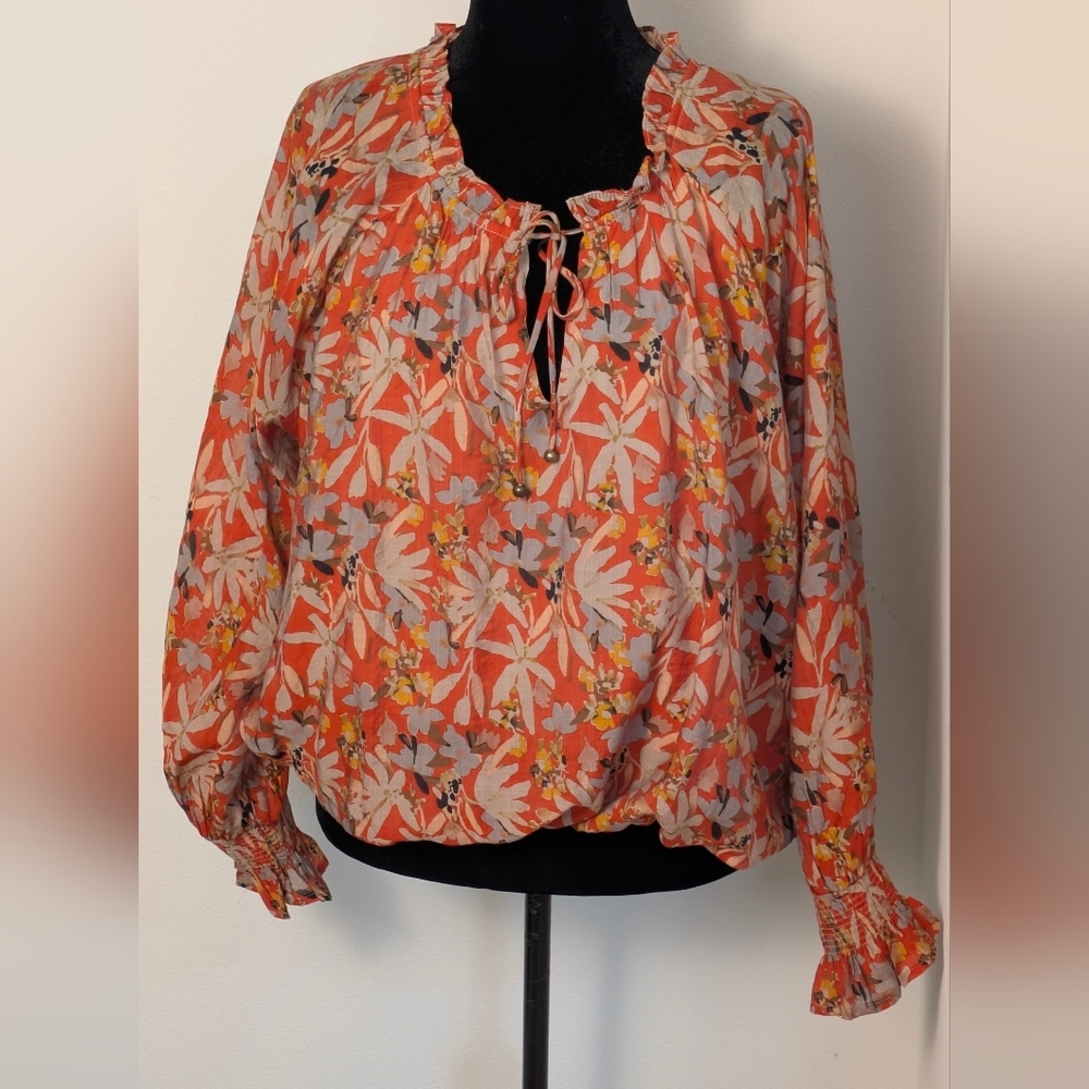Entro Women's Floral Ruffle Balloon Sleeve Blouse Size L Color Rust Bohemian EUC - Picture 6 of 17